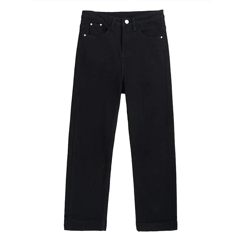 Black Straight Denim Pant Women's High Waisted Loose Casual Pants Autumn Winter Retro Wide Leg Cropped Pants