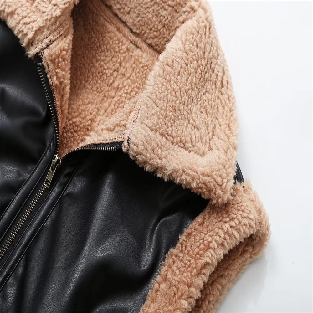 Winter Women's Fashion European and American Style Versatile Shirt Collar Sleeveless Short Double sided Pilot V