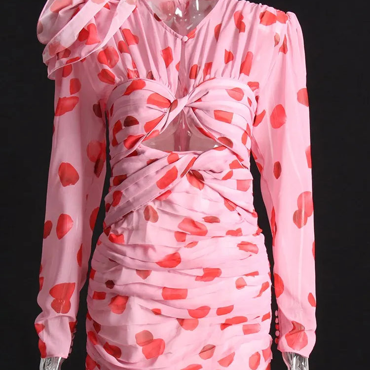 TWOTWINSTYLE Print Patchwork Floral Cut Out Dress For Women V Neck Long Sleeve High Waist Folds Mini Dresses Female Clothes New Pink