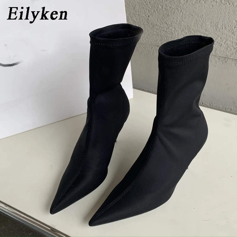Eilyken 2025 Spring Autumn Stretch Fabric Women Ankle Boots Sexy Pointed Toe High Heels Fashion Female Socks Pumps Shoes