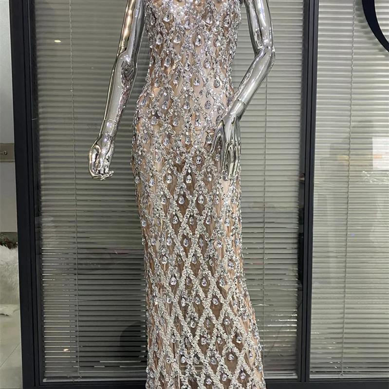 Shinning Big Crystal Women Sleeveless Sexy Halter Bodycon Long Dress Celebrate Birthday Party Nightclub Outfit Vestido