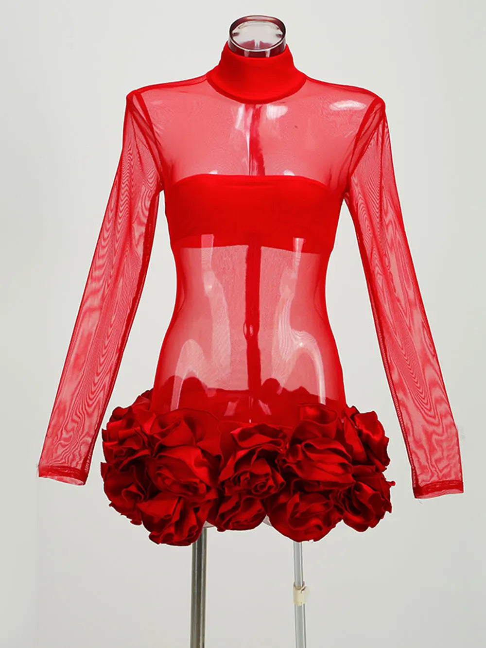 2024 Sexy Women's Perspective Mesh Mini Dress Stand Collar Long Sleeve Bodycon 3D Flower Decoration Dress Evening Party Vestidos
