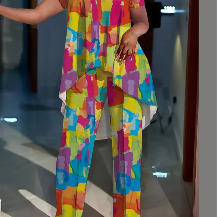 Wmstar Women Plus Size Two Piece Set 5XL Summer Casual Print T Shirt Wide Leg Pants Female Outfits Wholesale Dropshipping 2024