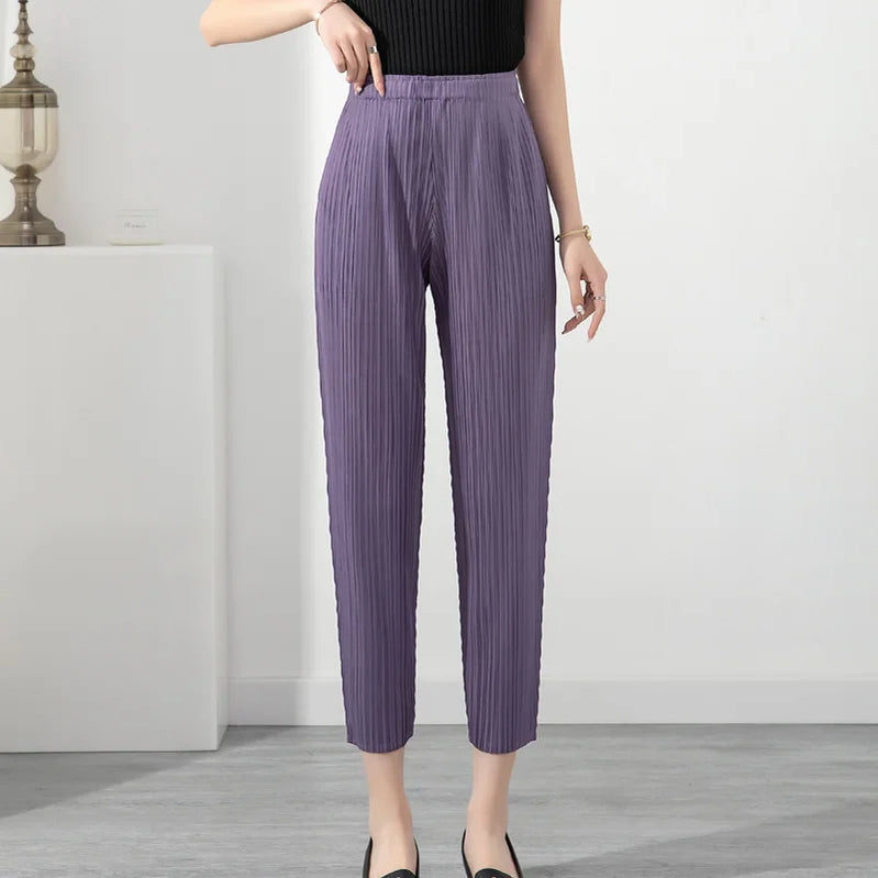 LANMREM Pleated Solid Color Harem Pants Women Pocket Elastic High Waist Female Fashion Ankle-length Trousers Summer 2I576 Purple One Size