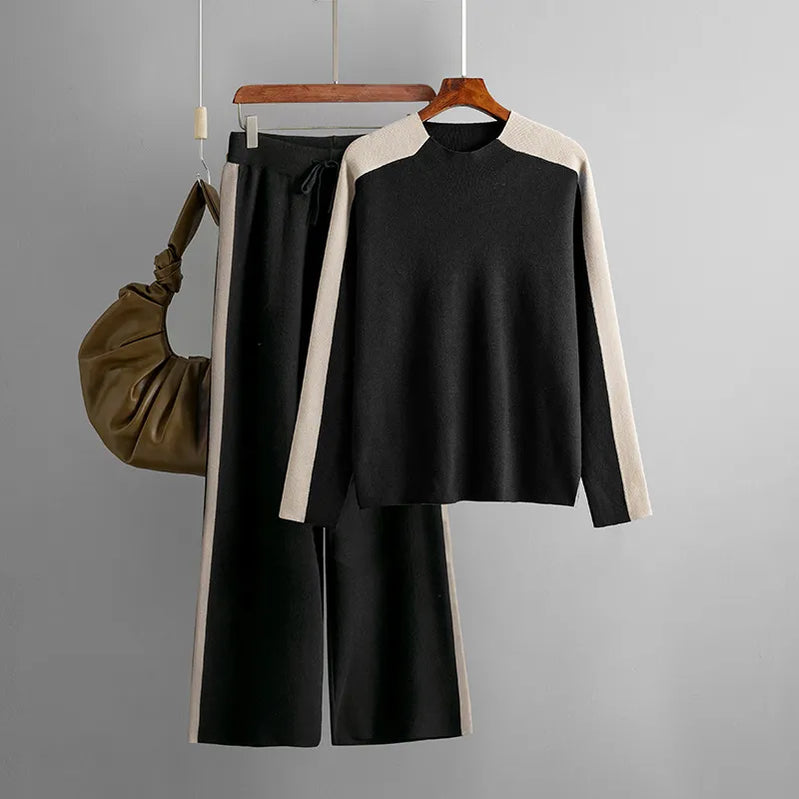 GIGOGOU CHIC Wide Leg Pants Tracksuits Autumn Winter Knit Pullover Sweaters Sets 2 Pieces Sets Full Length Trousers Suits Cloth Black Q234 One Size