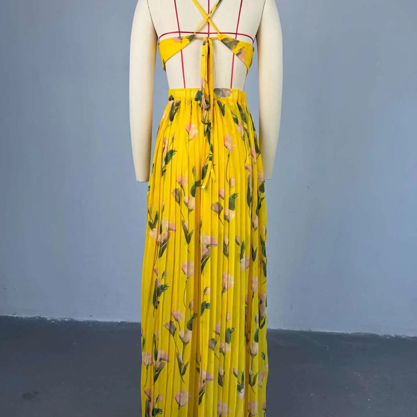 CM.YAYA Elegant Floral Print Sleeveless Sweet Strapless Floor-Length Long Women Dress Beach Party Birthday Sexy Pleated Dresses