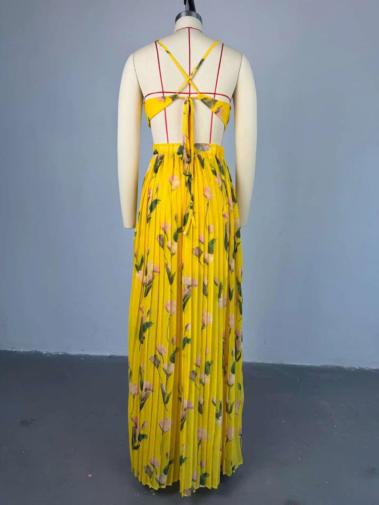 CM.YAYA Elegant Floral Print Sleeveless Sweet Strapless Floor-Length Long Women Dress Beach Party Birthday Sexy Pleated Dresses