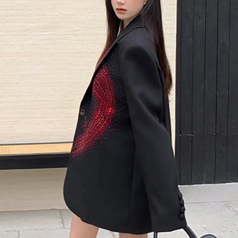 TWOTWINSTYLE Solid Loose Spliced Hot Fix Elegant Jackets for Women Lapel Long Sleeves Patchwork Button Jacket Female Fashion New