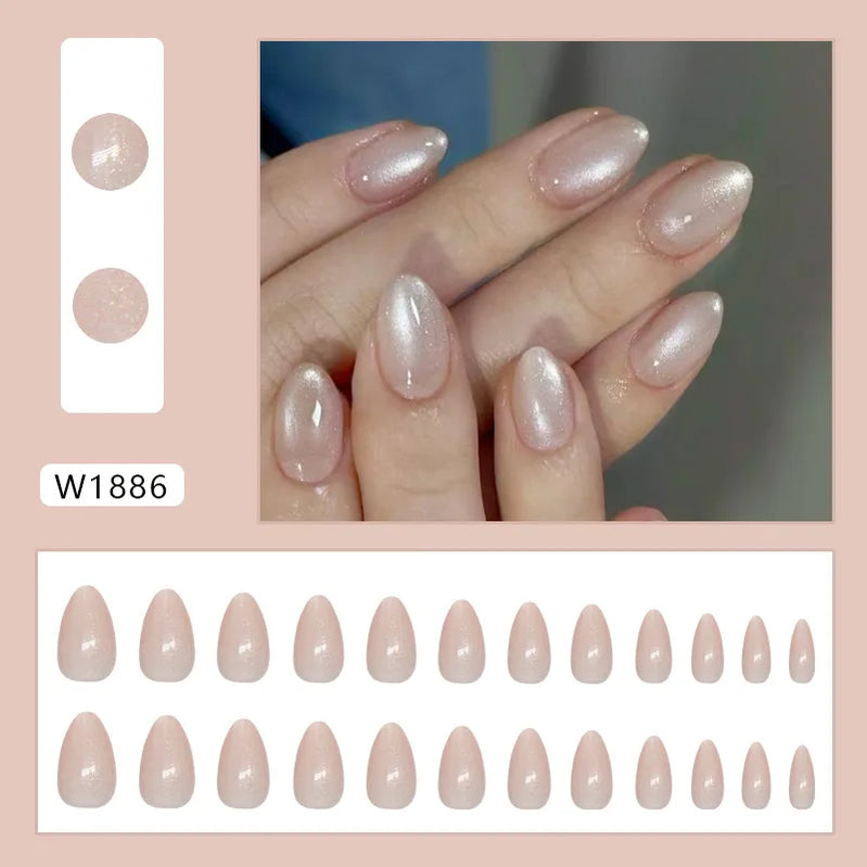 24pcs Shiny Green Cat Eye False Nails Cute Seal Print Fake Nails Tips Wearable Reusable Glossy Short Round Press on Nails