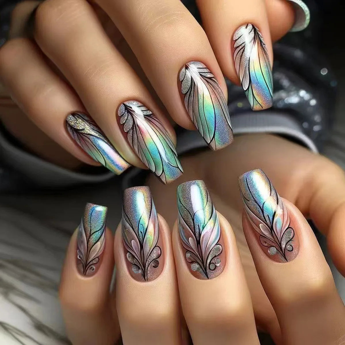 24Pcs Peacock Feather Design French Fake Nails Laser Gradient Ballet Mid-length Square Wearable False Nails Spice Girls Press On