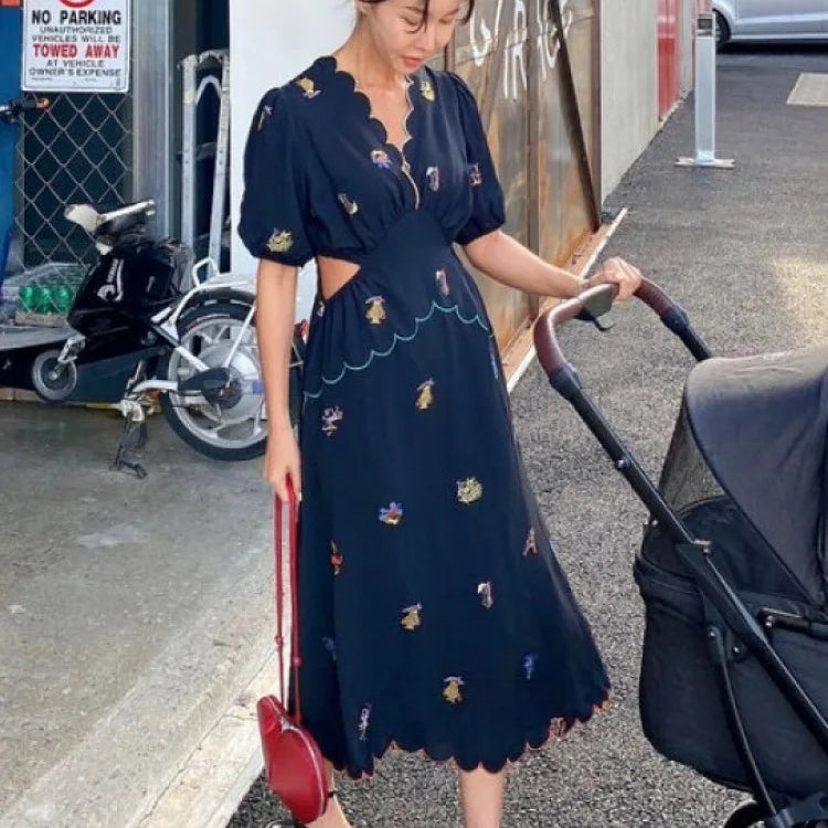 Women's Summer Vintage Long Embroidery Flower Chiffon Dress Hollow Out Waist Curvy V Neck Midi Sundress Korea Style Blue One Size