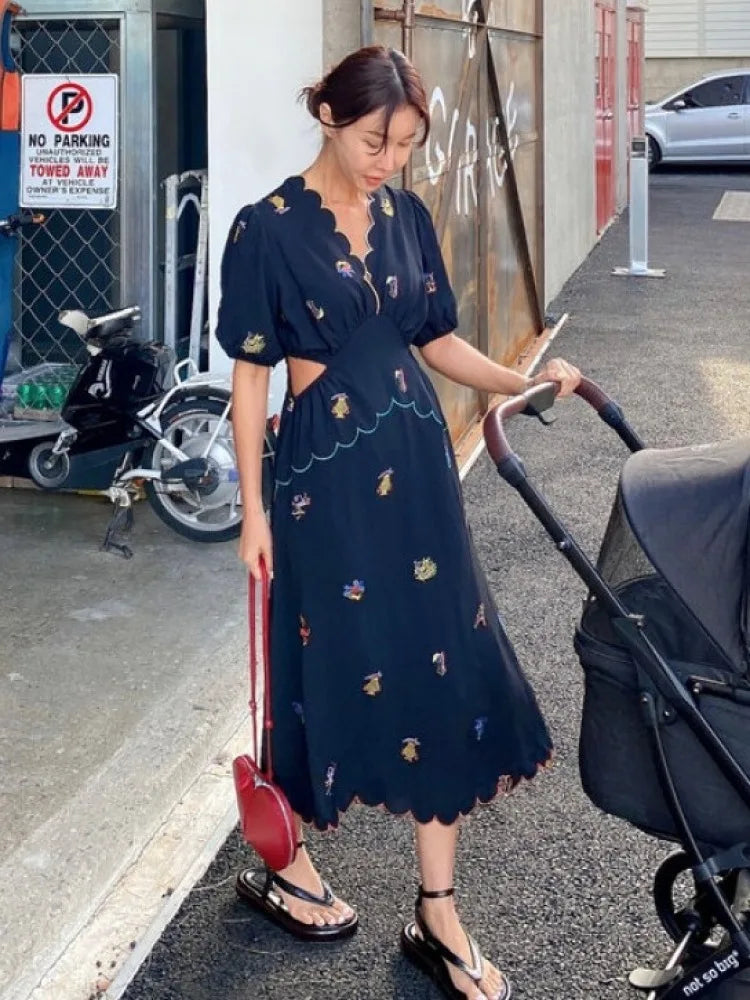 Women's Summer Vintage Long Embroidery Flower Chiffon Dress Hollow Out Waist Curvy V Neck Midi Sundress Korea Style Blue One Size