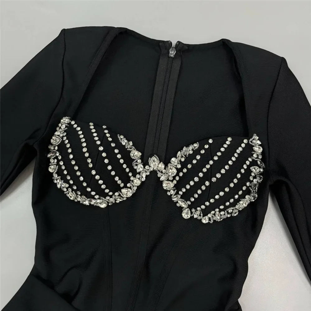Women Long Sleeve Sqaure Collar Shinning Diamond Bodycon Long Bandage Dress Celebrate Elegant Evening Party Wear