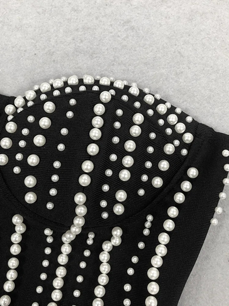 Macacão feminino luxuoso, sexy, sem alças, com pérolas e bandagem, estilo celebridade, designer de rua, 2025