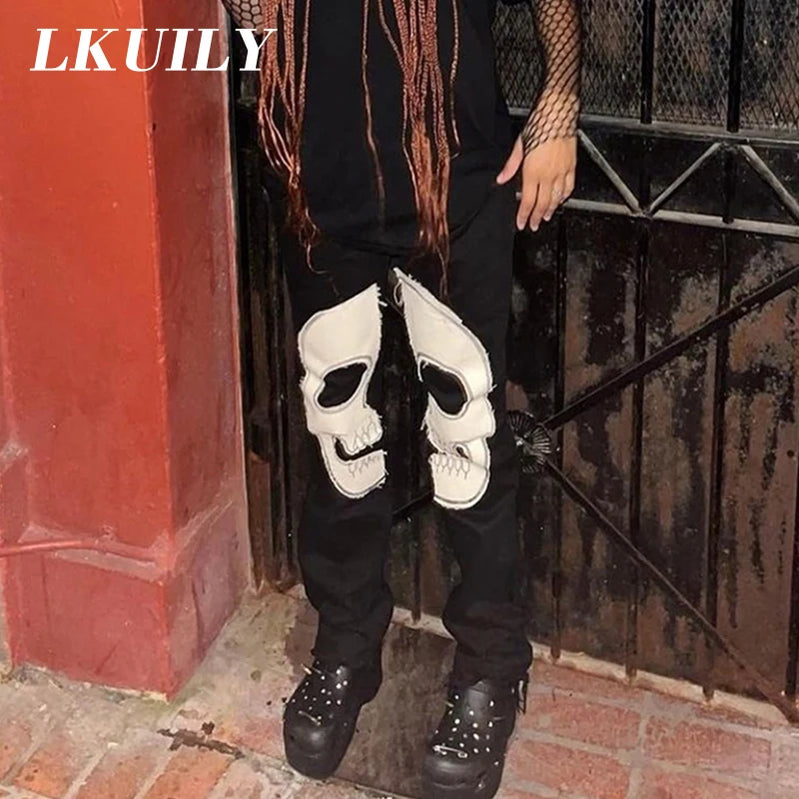 Skull Vintage Printed Jeans Women High Waist Y2K Streetwear 90S Baggy Jeans Pants Denim Trousers Harajuku Cargo Straight Jean