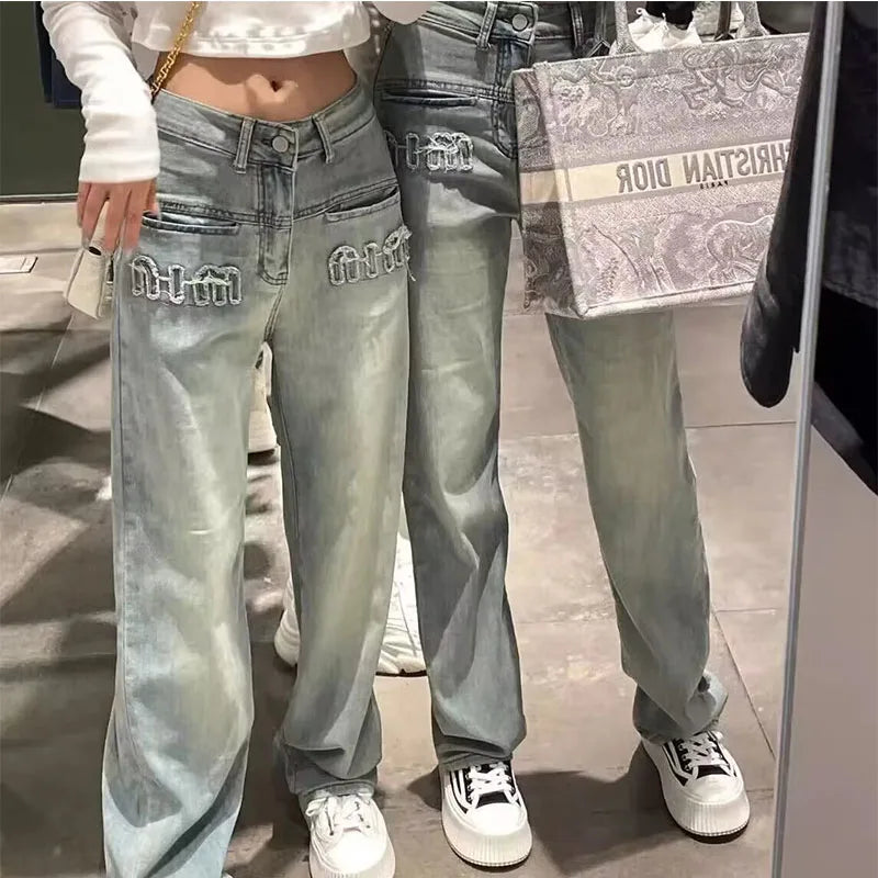 Y2K American Retro Gothic Wide Legged New Worn Out Washed Loose Slim Straight Floor Dragging Jeans