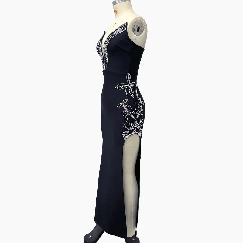 Women Shinning Crystal Strapless Off the Shoulder Bodycon Long Bandage Dress Elegant Evening Party Birthday Outfit