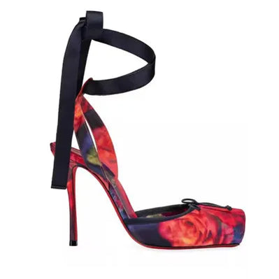 Women Lace-Up High Heeled Shoes for Woman's Square Toe Thin Heels Platform Pumps Mujer Pleated Slingback Wedding Luxury Sandals