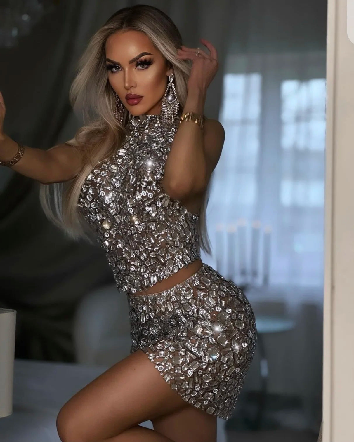 Vestido feminino sexy de cristal grande, 2 peças, malha transparente, mini vestido justo, fantasia de performance, comemoração, vestido de festa de aniversário