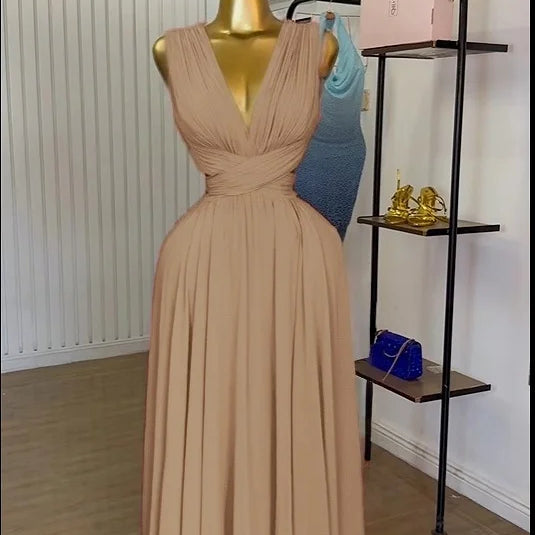 CM.YAYA Women Sleeveless Cutout Back Wrap V-neck Pleated A-line Chiffon Maxi Long Dress Birthday Vacation Sexy Party Dresses Khaki