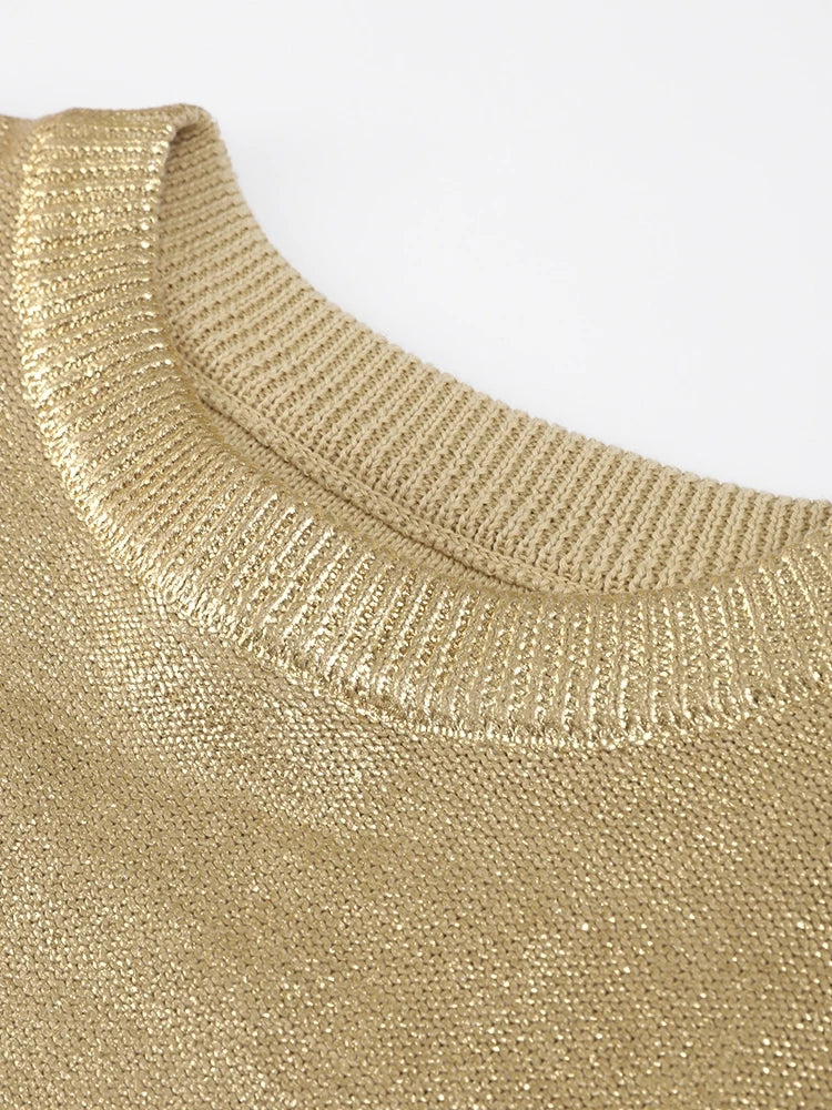 Women Solid O Neck Pullover Top Elegant Loose Long Sleeve Gold Sweatshirt Autumn Female Fashion Casual Shinny Outerwear