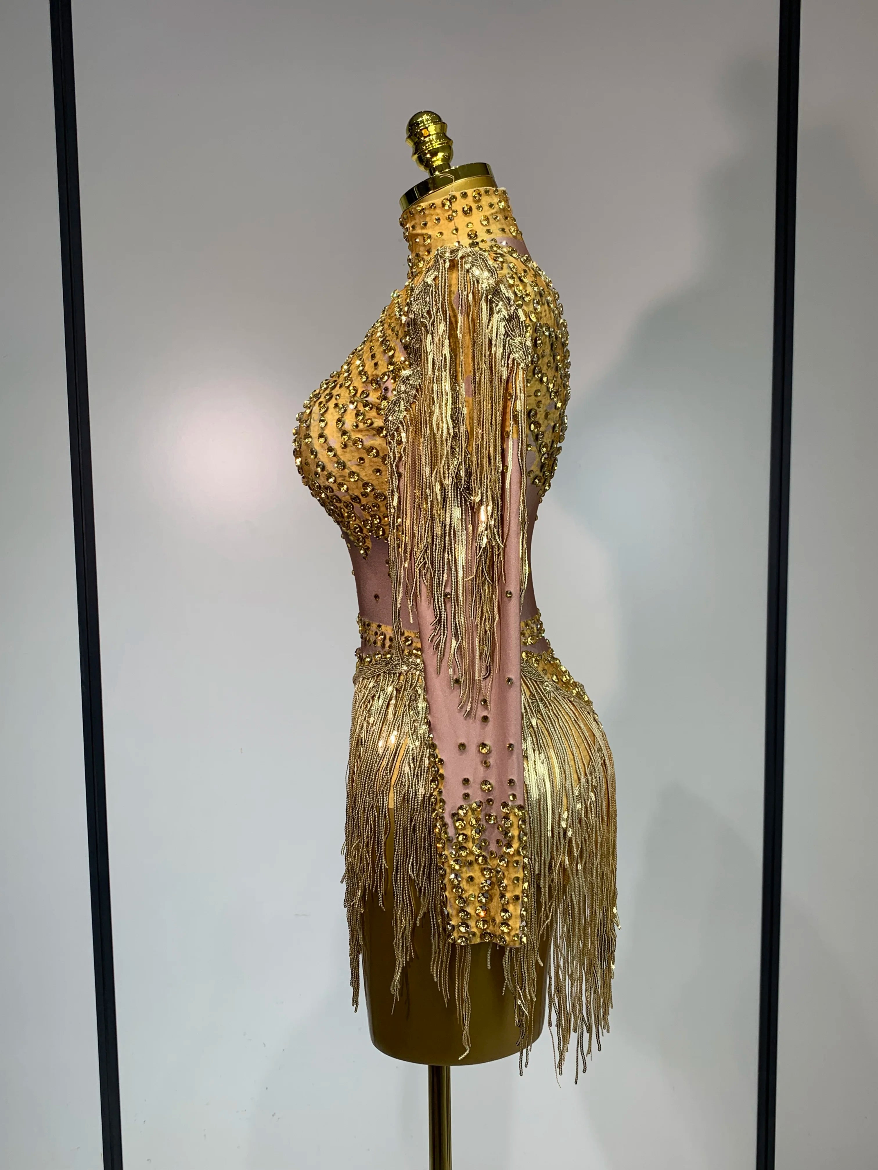 Women Long Sleeve Sexy Shinning Tassels Rhinestone Bodycon Bodysuit High Stretch Bar Dancer Nightclub Stage Wear Birthday Outfit