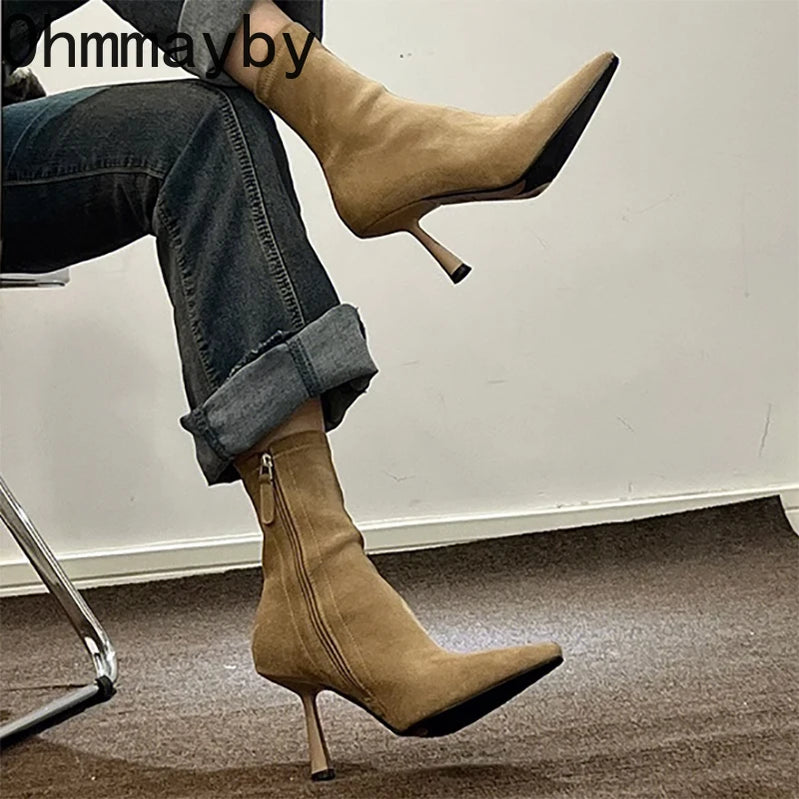 Luxury Spring Autumn Women Ankle Boots Fashion Ladies Pointed Toe Short Booties Elegant Thin High Heel Women's Footwear