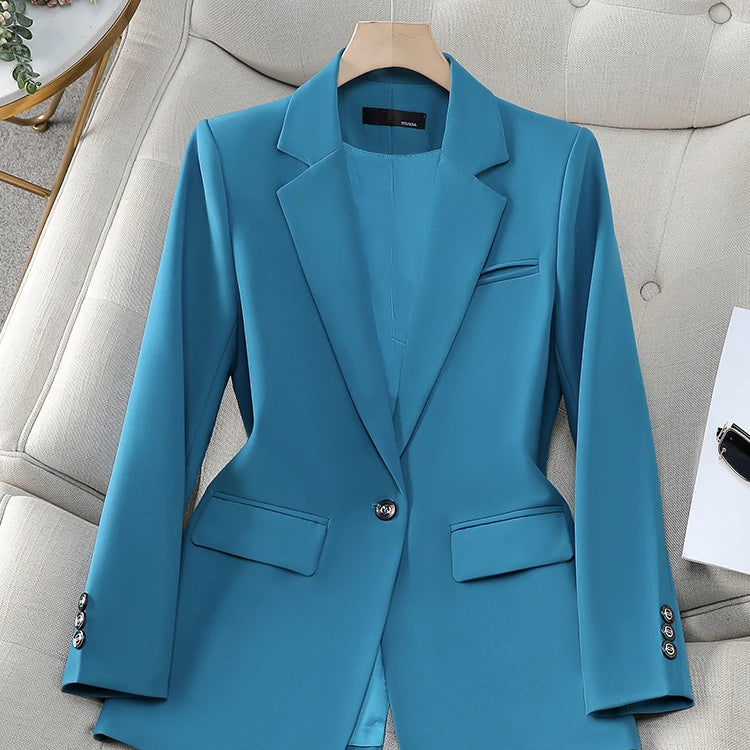 Fashion Autumn Winter Women Blazer Black Coffee Blue Female Long Sleeve Single Button Ladies Casual Jacket Coat