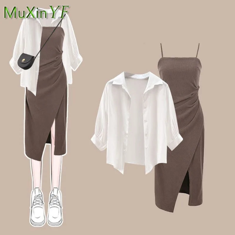 Summer New Dress Matching Set Women's Fashion Sunscreen Shirt Top+Strap Skirt Two Piece Korean Elegant Chic Dresses Suit