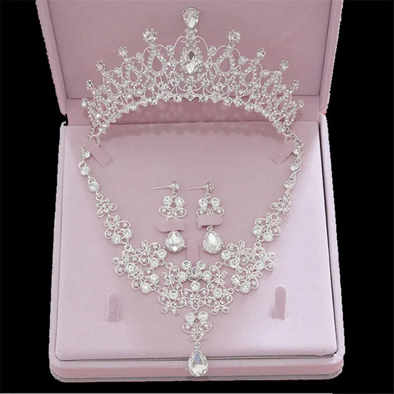 Bridal Jewelry Sets Crown Necklace Earrings Four Pack Silver Colour Women's Fashion Wedding Tiaras TS-0178-B-XL-0010-A Tiaras