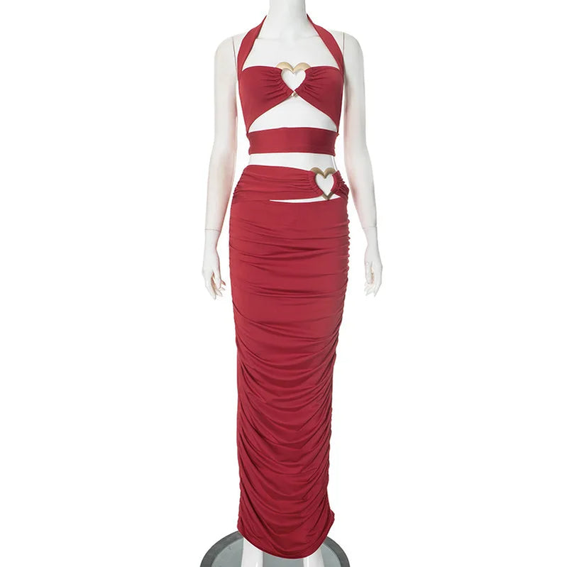 Sexy Slim Hollow Out Skirt Two Pieces Sets For Women Love Metal Buckle Halter Tops And Long Skirt Two Pieces Sets