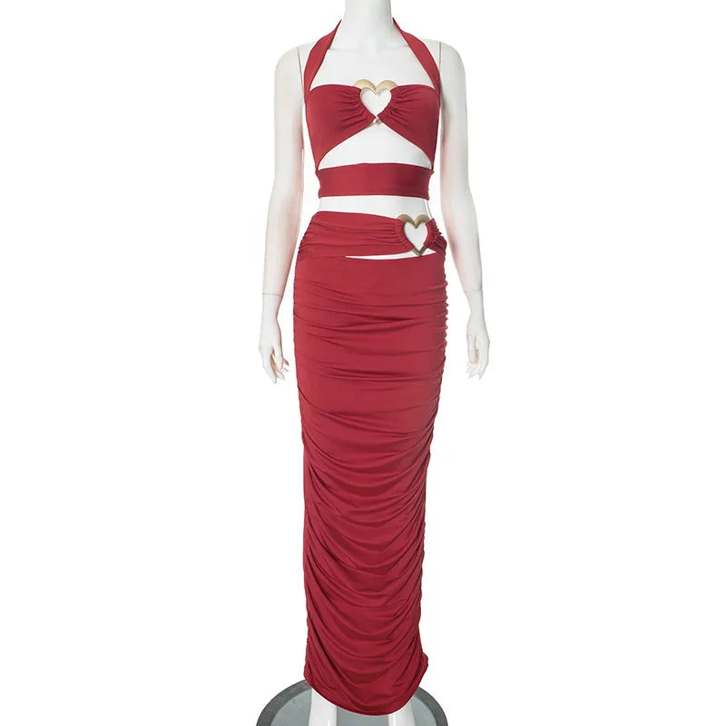 Sexy Slim Hollow Out Skirt Two Pieces Sets For Women Love Metal Buckle Halter Tops And Long Skirt Two Pieces Sets