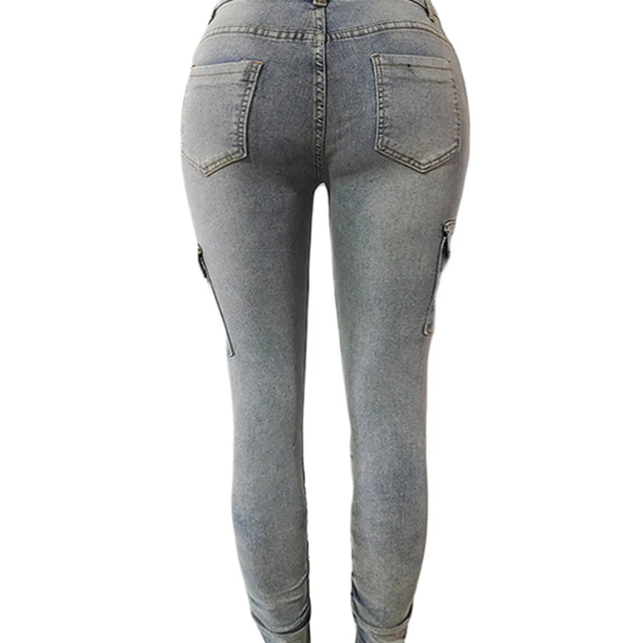 Plus Size High Waist Side Flap Pocket Cargo Jeans Women Zipper Ruched Design Jeans Causal Skinny Long Trouser