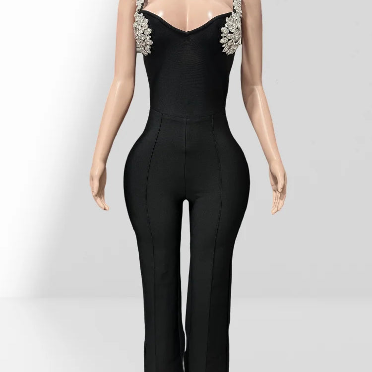 High Quality Shining Diamonds Sexy V-Neck Sleeveless Jumpsuit Graceful Woman Evening Party Outfit