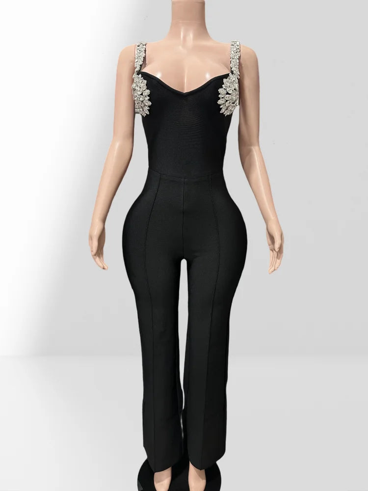 High Quality Shining Diamonds Sexy V-Neck Sleeveless Jumpsuit Graceful Woman Evening Party Outfit