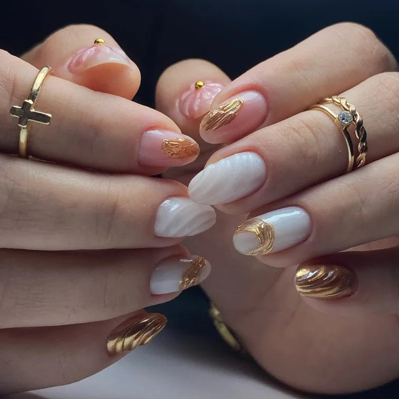 24Pcs Mid-length French Almond Fake Nail with Shiny Powder Design False Nail Art 3D Shell Pattern Datachable Press on Nails Tips