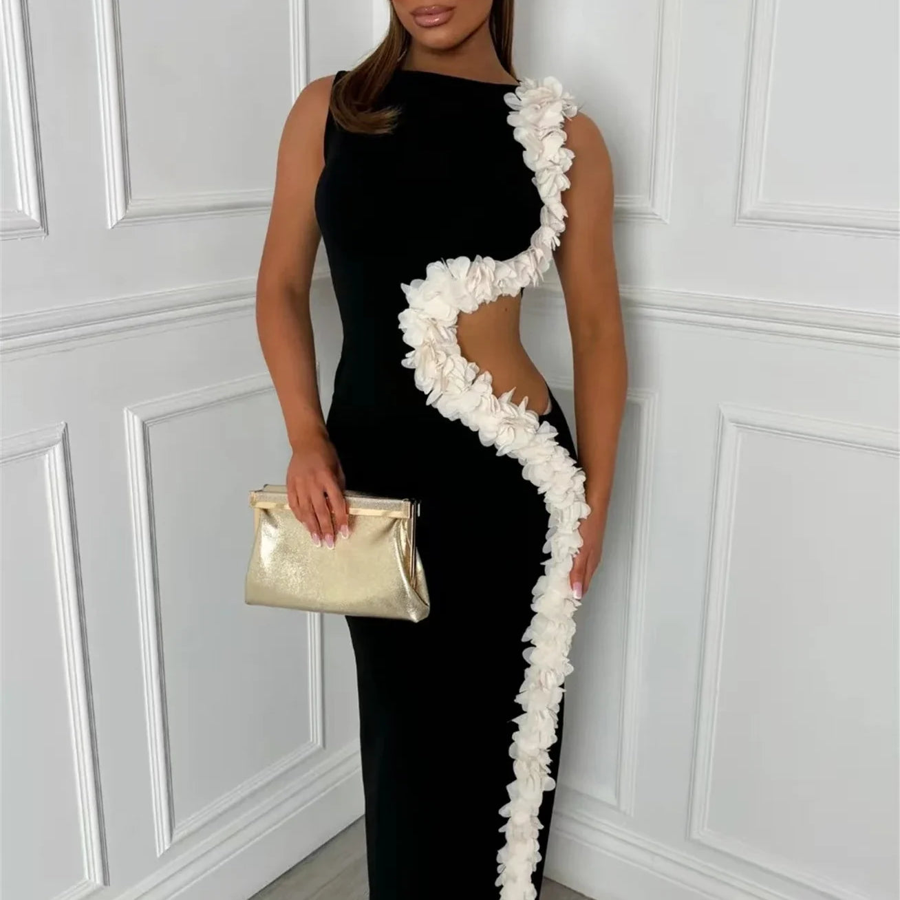 Women Sleeveless Sexy Side Hollow Out Florals Bodycon Long Bandage Dress Celebrate Fashion Evening Party Cocktail Wear