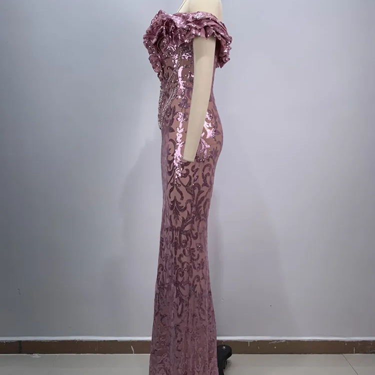 Luxury Sexy Off Shoulder Ruffles Pink Mesh Sequins Maxi Long Women Celebrity Dress 2024 Elegant Party Evening Club Vestido