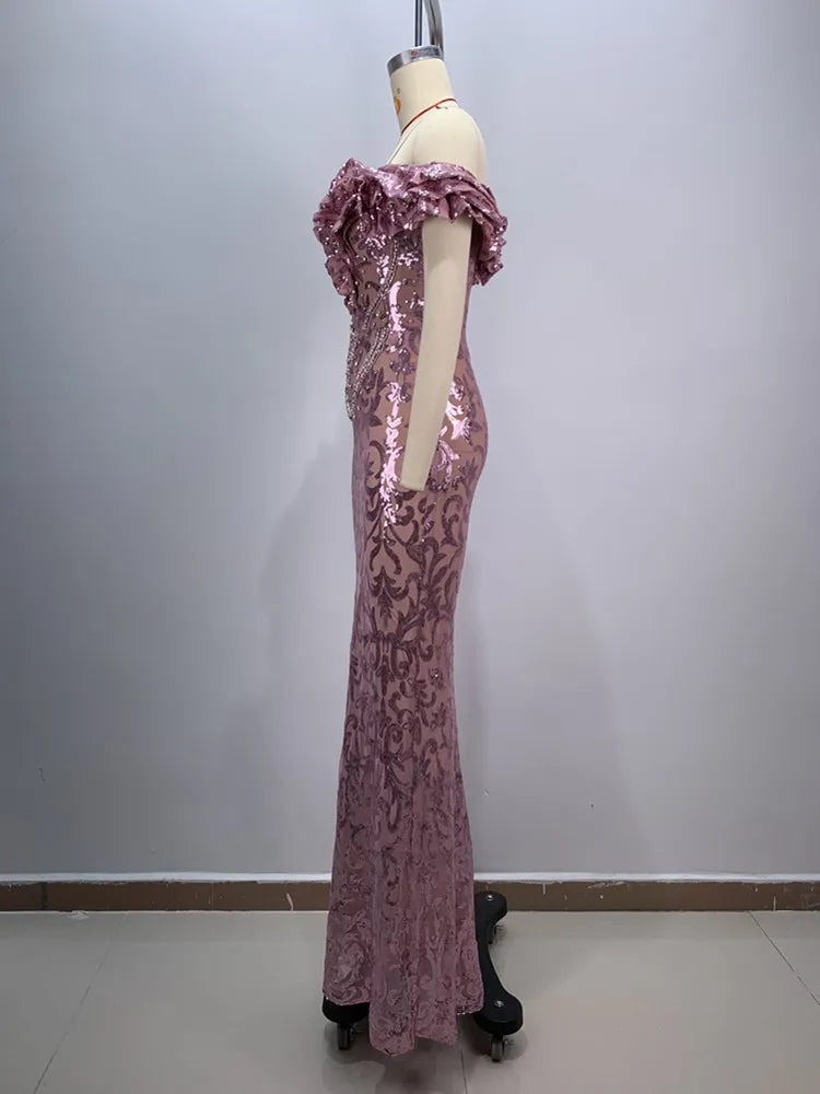 Luxury Sexy Off Shoulder Ruffles Pink Mesh Sequins Maxi Long Women Celebrity Dress 2024 Elegant Party Evening Club Vestido