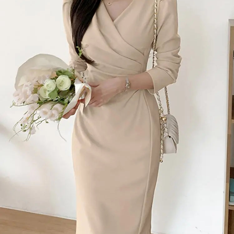 Fashion Bodycorn Dress Spring V-Neck Long Sleeve Sundress Solid Color Pleated Midi Robe Female Elegant Sexy Vestidos