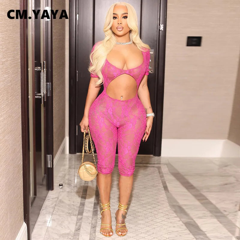 CM.YAYA 2024 Spring Short Sleeve Backless Women Lace Hollow Out Casual Rompers Playsuit Short Jumpsuits V-neck One Piece Outfits
