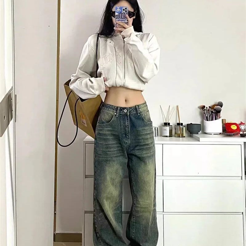 Autumn Winter New Ladies Baggy Jeans American High Street Wide Leg Women's Jeans Note Embroidery Women Pants High Waist