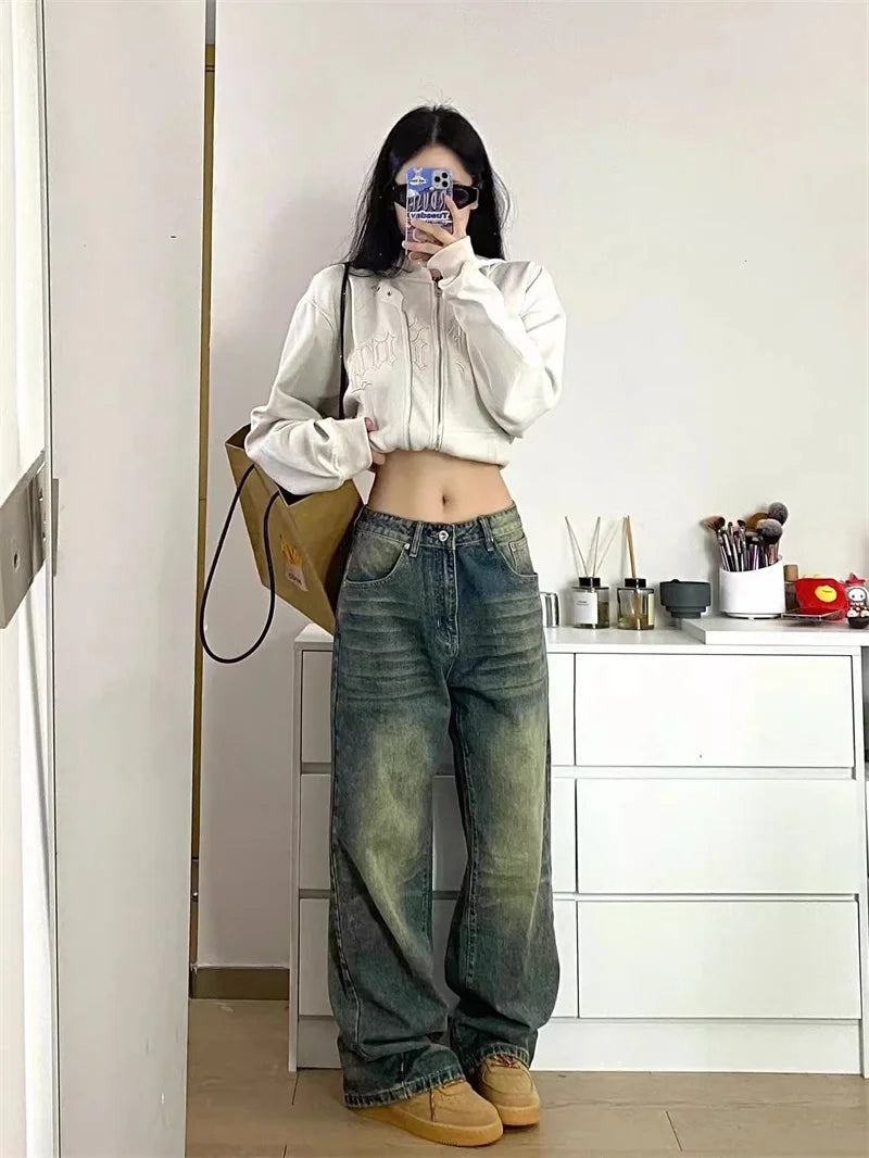 Autumn Winter New Ladies Baggy Jeans American High Street Wide Leg Women's Jeans Note Embroidery Women Pants High Waist