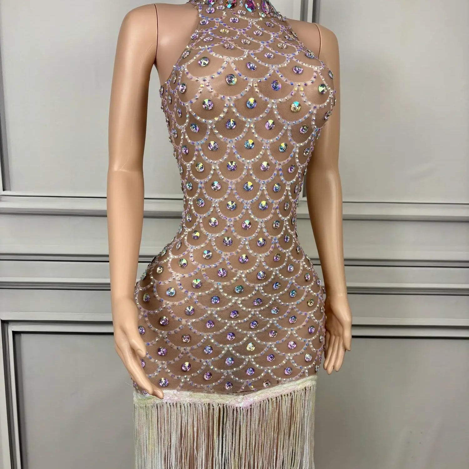 Elegant Women Luxury Sparkly Evening Dress Birthday Celebrate Party Dinners Outfit Tassel Crystals Sheer Mesh Prom Dress Langhua