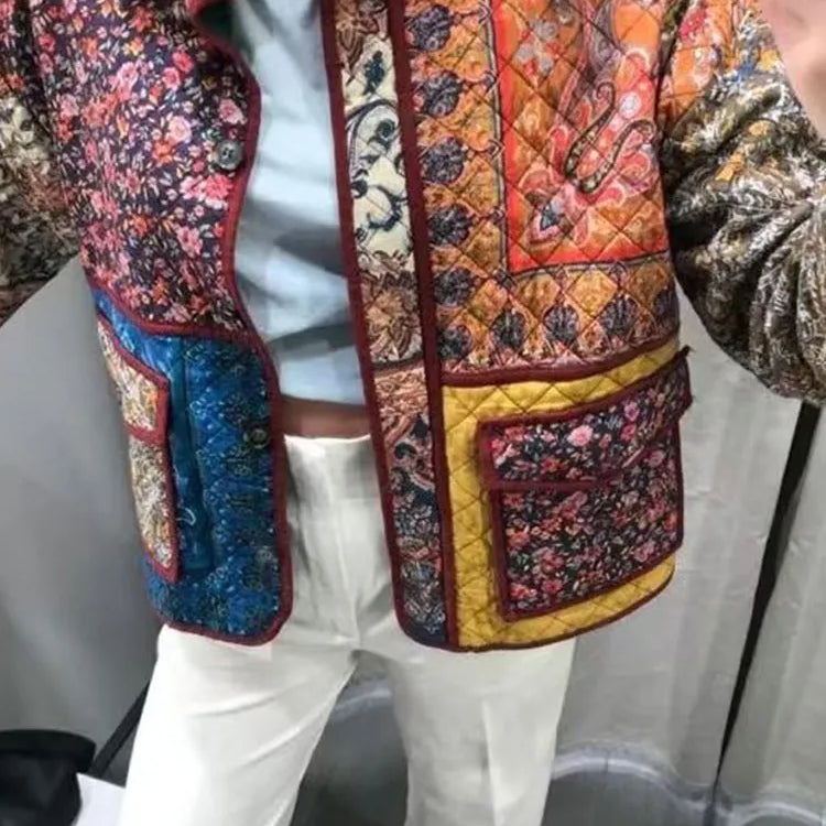 Floral Printed Cotton Jacket For Women Long Sleeve Patchwork Pocket Contrasting Colors Button Ethnic Causal Coat