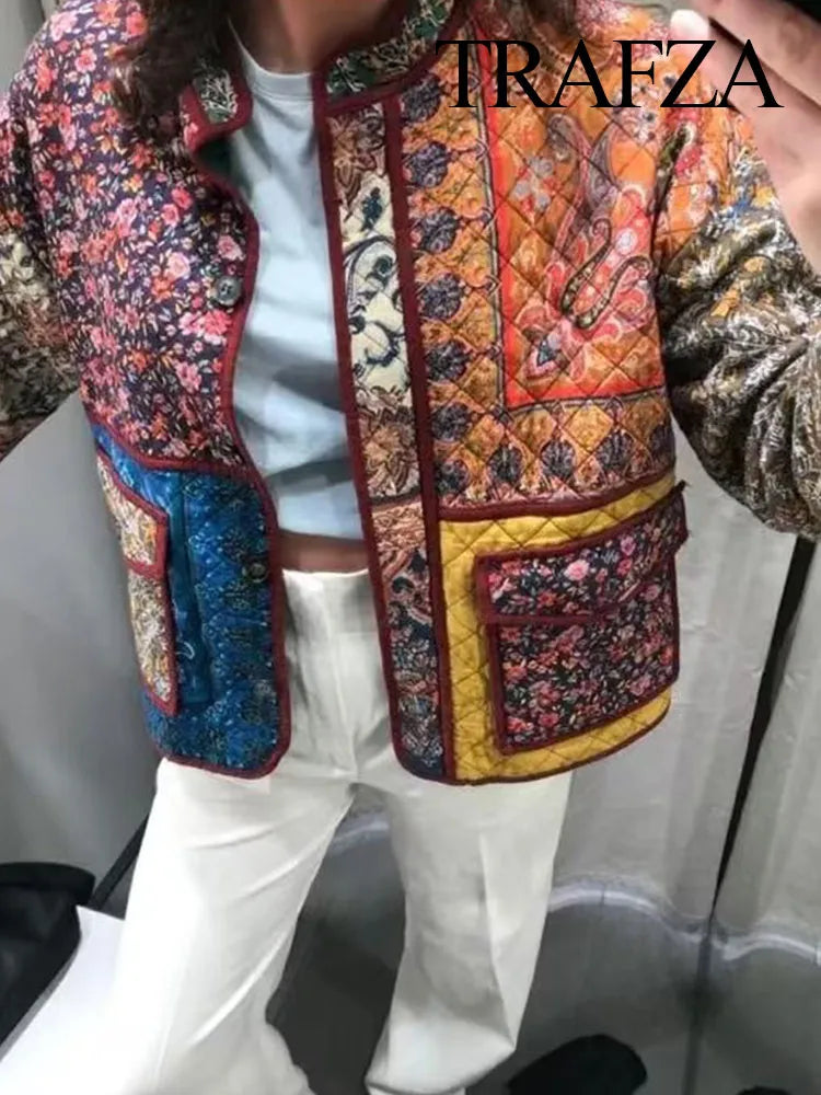 Floral Printed Cotton Jacket For Women Long Sleeve Patchwork Pocket Contrasting Colors Button Ethnic Causal Coat