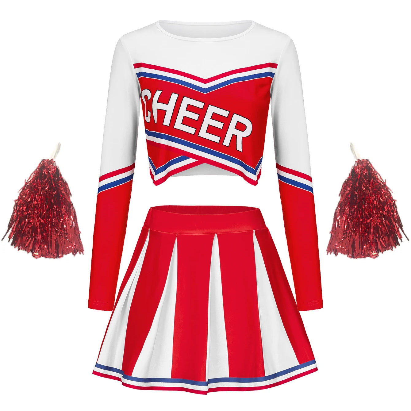 Women's Long Sleeve Cheerleader pompon Sexy Student Stage Music Performance Dress Skirt Halloween Uniform Red