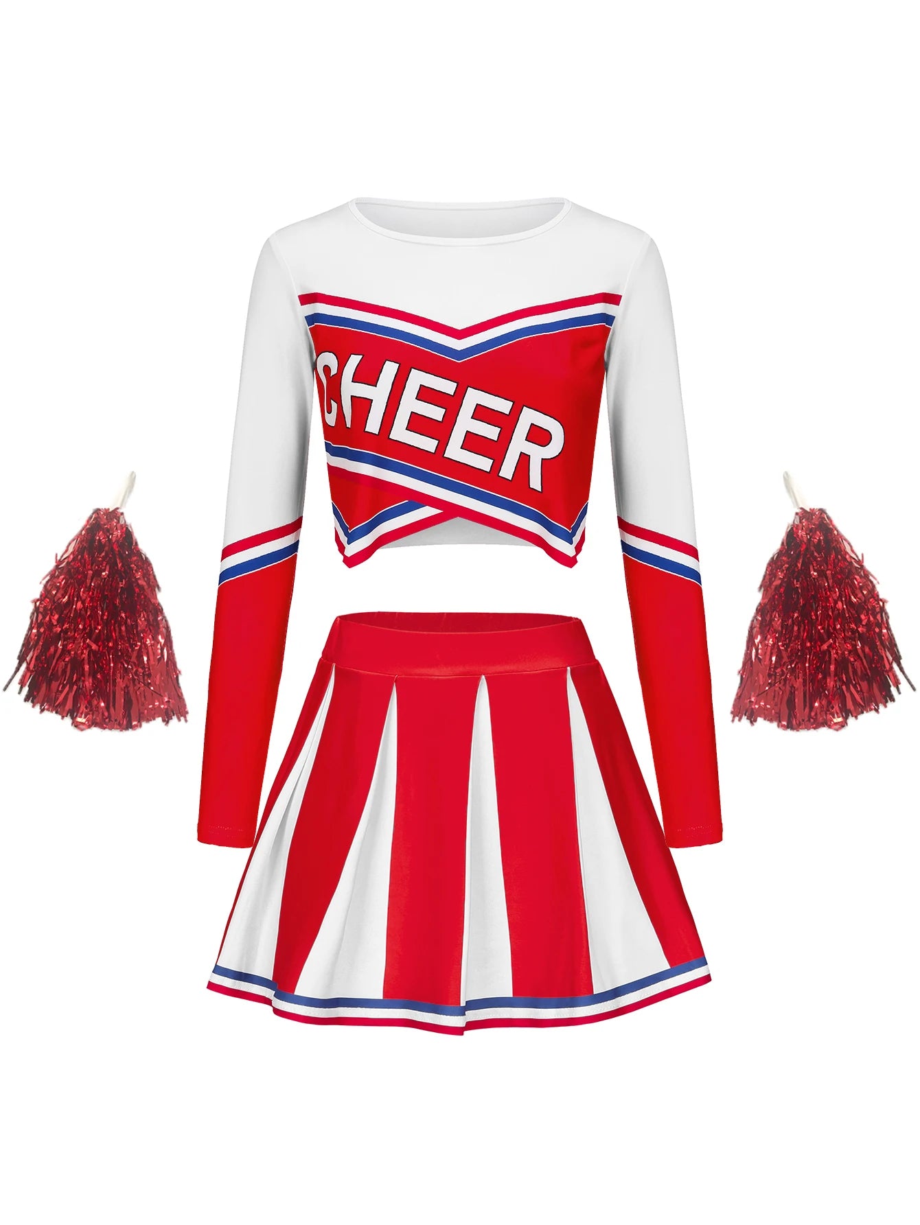 Women's Long Sleeve Cheerleader pompon Sexy Student Stage Music Performance Dress Skirt Halloween Uniform Red