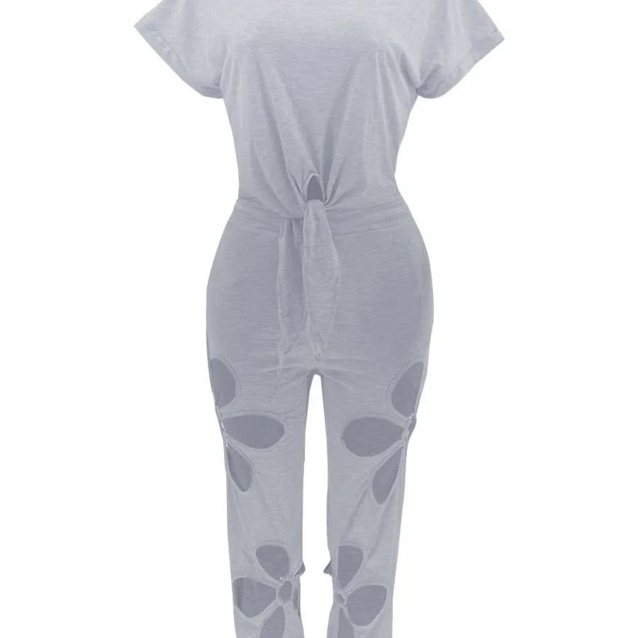 LW Plus Size Cut Out Bandage Design Pants Set Elegant Suit 2 Piece Set Women Sexy short Sleeve Top Hollow Out Pants Ladies Sets