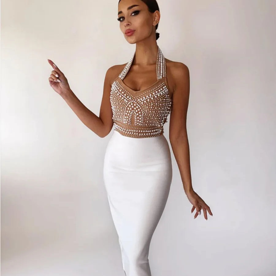 2023 Exquisite Pearl Beading Halter Bodycon Knee Lenght Dress Graceful Woman Hips Package Bandage Dress Evening Party Vestido